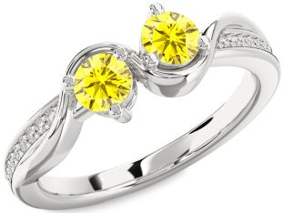 Diamond Yellow Sapphire Silver Round Two Stone Ring