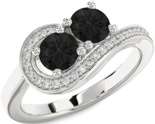 Black Diamond Silver Round Two Stone Ring