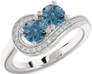 Blue Diamond Silver Round Two Stone Ring