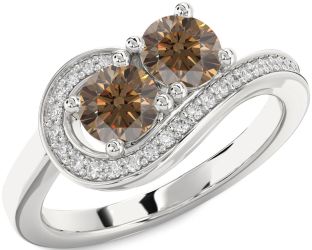 Chocolate Brown Diamond Silver Round Two Stone Ring