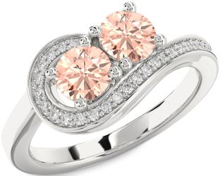 Diamond Morganite Silver Round Two Stone Ring