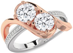 Diamond Silver & 10K Rose Gold Round Two Stone Ring
