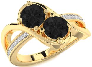 Black Diamond Gold Silver Round Two Stone Ring