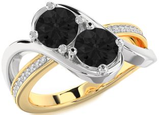 Black Diamond Gold Silver Round Two Stone Ring