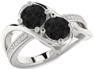 Black Diamond Silver Round Two Stone Ring