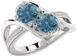 Blue Diamond Silver Round Two Stone Ring