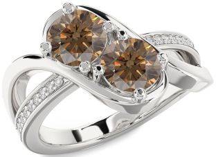 Chocolate Brown Diamond Silver Round Two Stone Ring