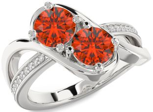 Diamond Fire Opal Silver Round Two Stone Ring