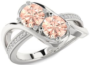 Diamond Morganite Silver Round Two Stone Ring