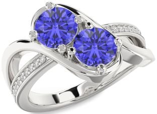 Diamond Tanzanite Silver Round Two Stone Ring