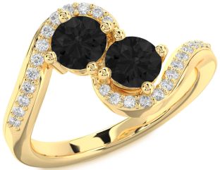 Black Diamond Gold Silver Round Two Stone Ring