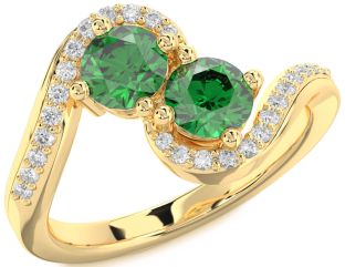 Diamond Emerald Gold Round Two Stone Birthstone Ring