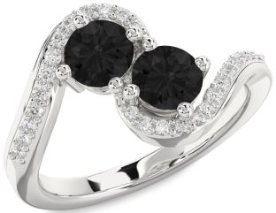 Black Diamond Silver Round Two Stone Ring