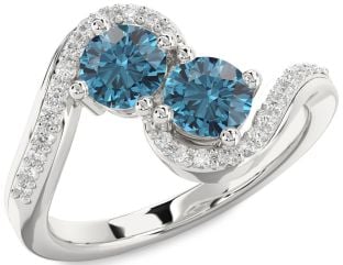 Blue Diamond Silver Round Two Stone Ring