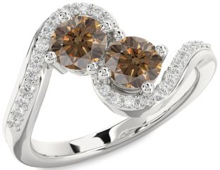 Chocolate Brown Diamond Silver Round Two Stone Ring