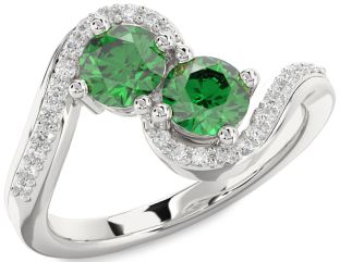Diamond Emerald Silver Round Two Stone Birthstone Ring