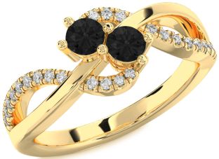 Black Diamond Gold Silver Round Two Stone Ring