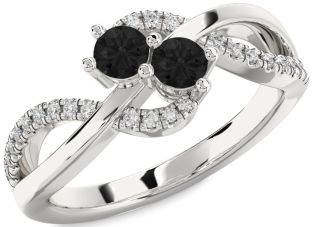 Black Diamond Silver Round Two Stone Ring