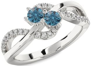 Blue Diamond Silver Round Two Stone Ring