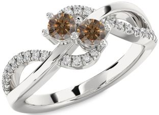 Chocolate Brown Diamond Silver Round Two Stone Ring
