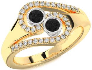 Black Diamond Gold Silver Round Two Stone Ring