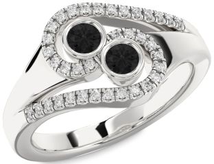 Black Diamond Silver Round Two Stone Ring