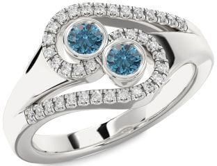 Blue Diamond Silver Round Two Stone Ring