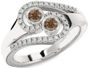 Chocolate Brown Diamond Silver Round Two Stone Ring