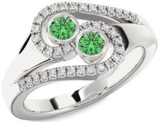 Diamond Green Sapphire Silver Round Two Stone Ring