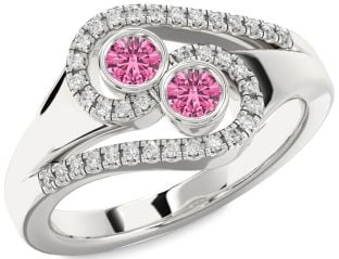 Diamond Pink Sapphire Silver Round Two Stone Ring