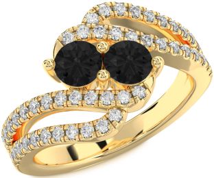 Black Diamond Gold Silver Round Two Stone Ring