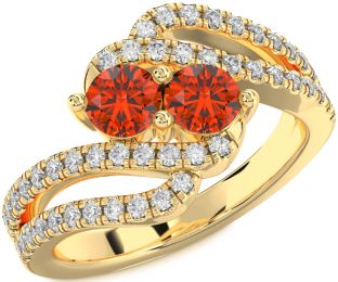 Diamond Fire Opal Gold Round Two Stone Ring
