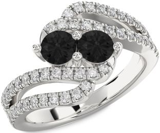 Black Diamond Silver Round Two Stone Ring