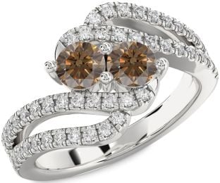 Chocolate Brown Diamond Silver Round Two Stone Ring