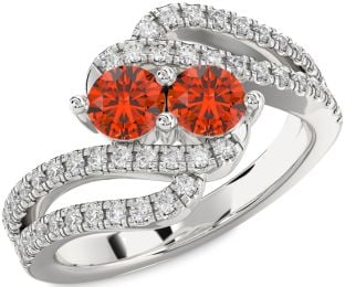 Diamond Fire Opal Silver Round Two Stone Ring