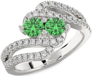 Diamond Green Sapphire Silver Round Two Stone Ring