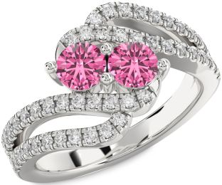 Diamond Pink Sapphire Silver Round Two Stone Ring