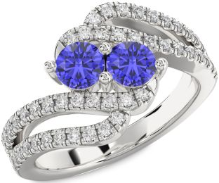 Diamond Tanzanite Silver Round Two Stone Ring