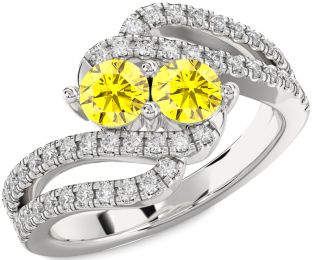 Diamond Yellow Sapphire Silver Round Two Stone Ring