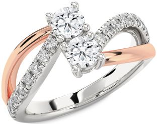 Diamond Silver & 10K Rose Gold Round Two Stone Ring
