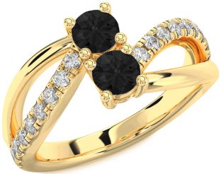 Black Diamond Gold Silver Round Two Stone Ring