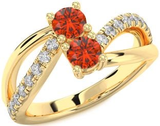 Diamond Fire Opal Gold Silver Round Two Stone Ring