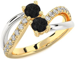 Black Diamond Gold Silver Round Two Stone Ring