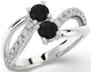 Black Diamond Silver Round Two Stone Ring