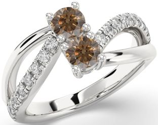 Chocolate Brown Diamond Silver Round Two Stone Ring