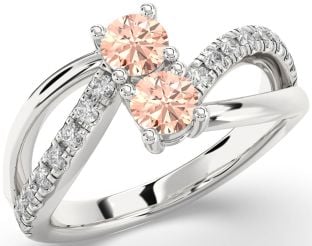 Diamond Morganite Silver Round Two Stone Ring