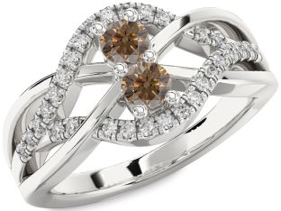 Chocolate Brown Diamond Silver Knot Round Two Stone Ring