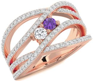 Diamond Rose Gold Silver Knot Round Two Stone Pave Promise Ring