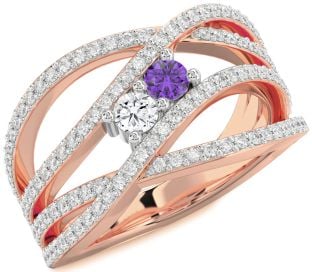 Diamond Rose Gold Silver Knot Round Two Stone Pave Promise Ring