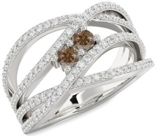 Chocolate Brown Diamond Silver Knot Round Two Stone Pave Ring